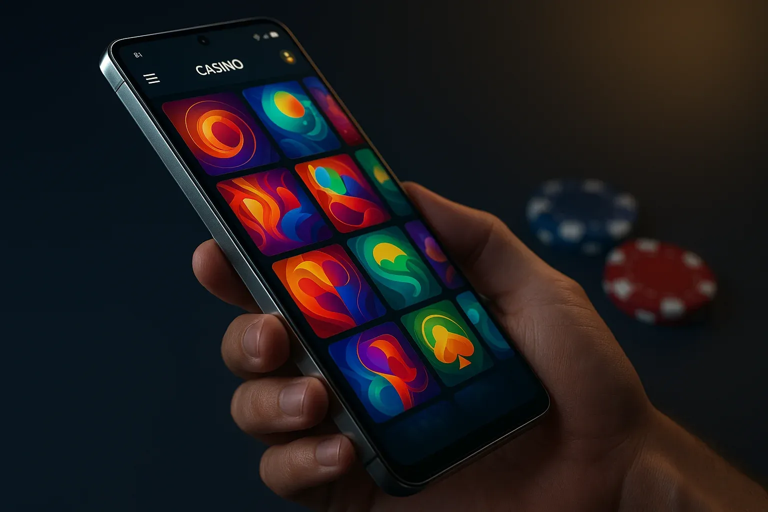 Hyperrealistic Android smartphone showing vivid casino app interface with blurred chips