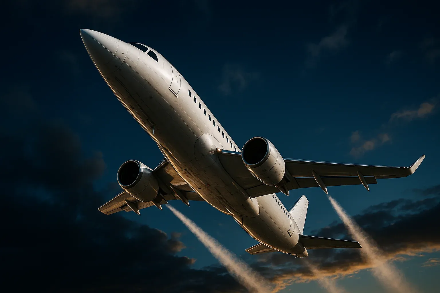 Hyperrealistic white jet climbing steeply in deep blue sky with contrails