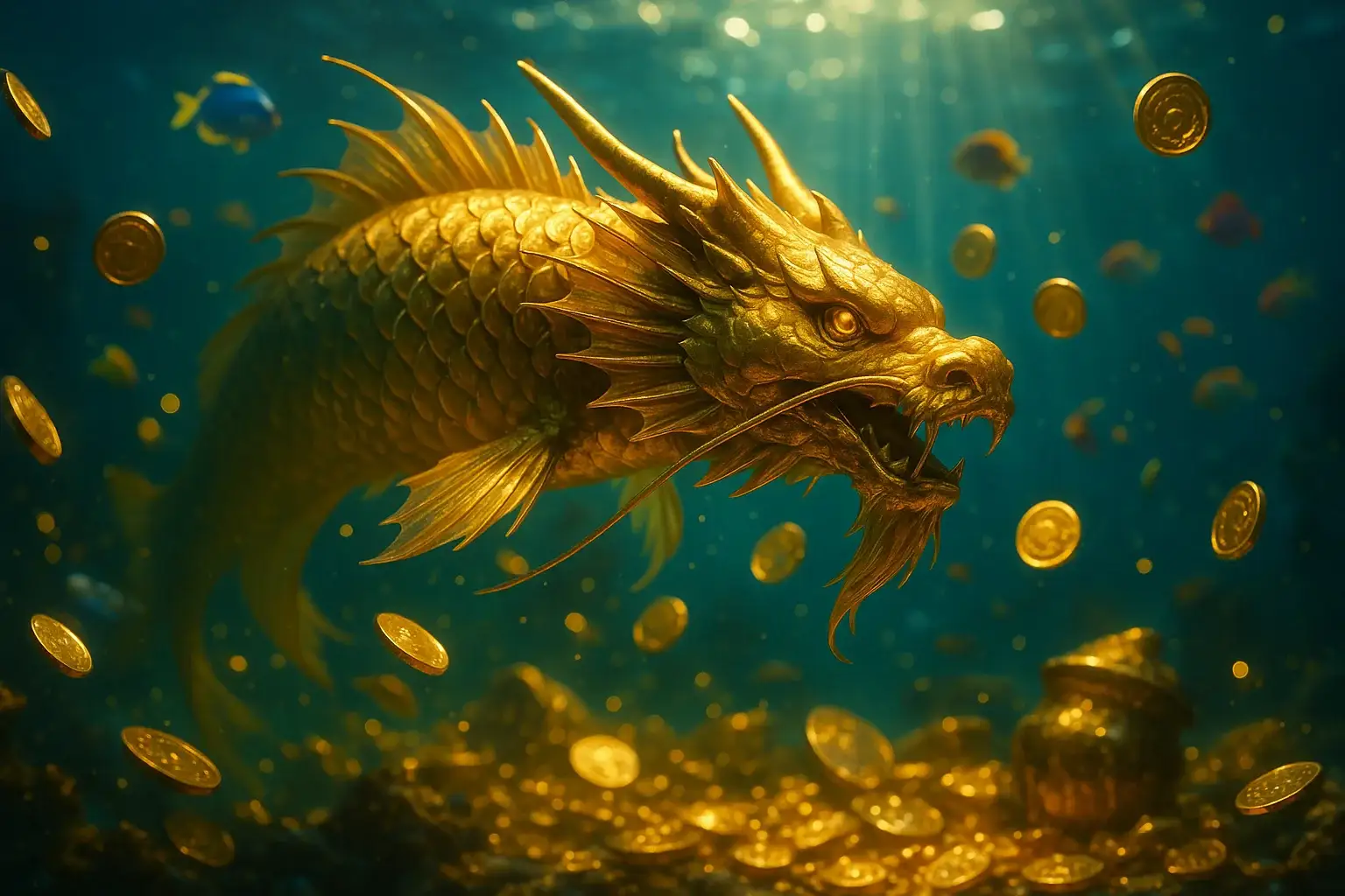 Hyperrealistic underwater golden dragon fish surrounded by glowing coins and treasure