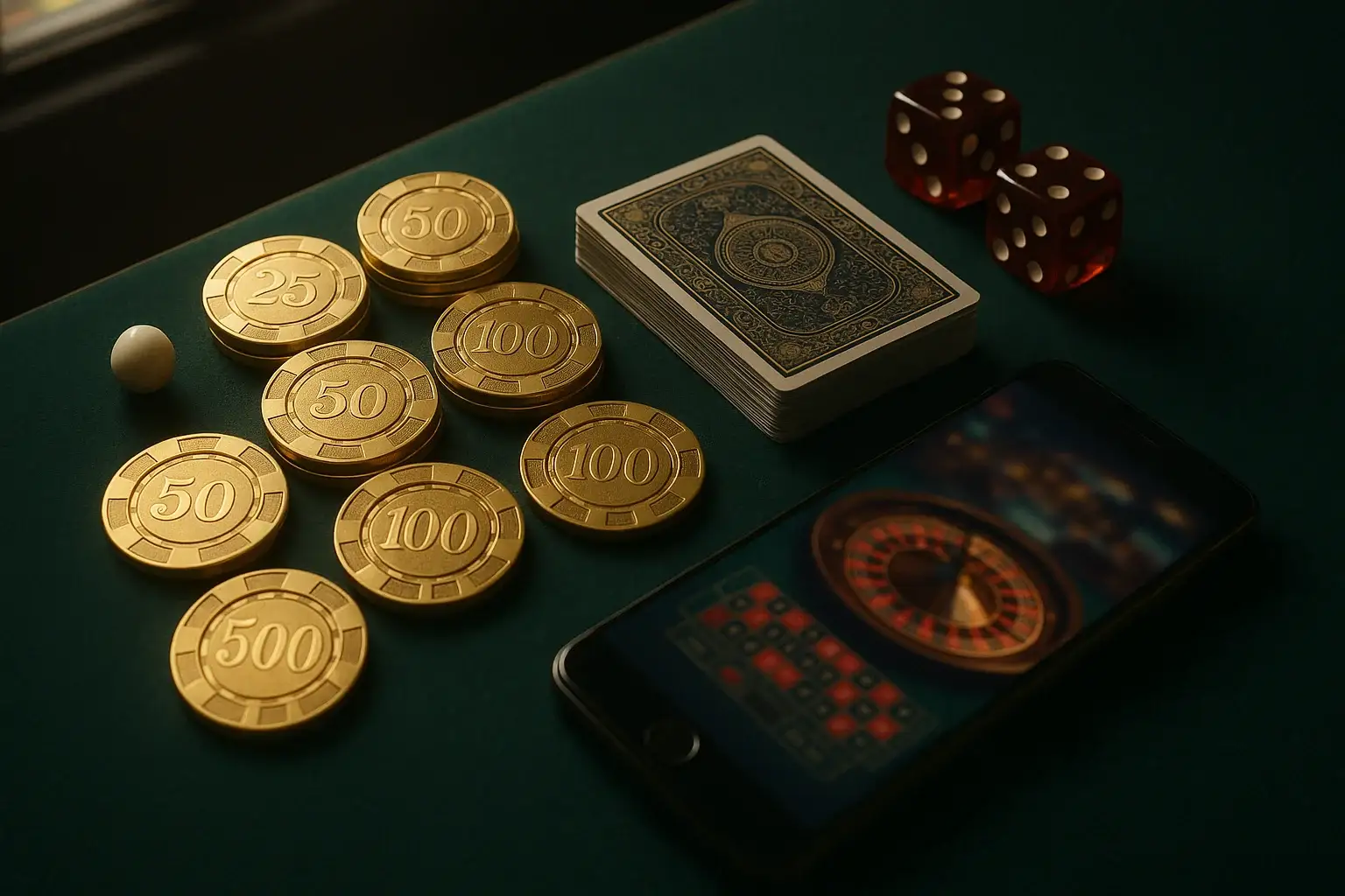 Top-down premium casino table with gold chips, cards, dice, roulette ball, smartphone