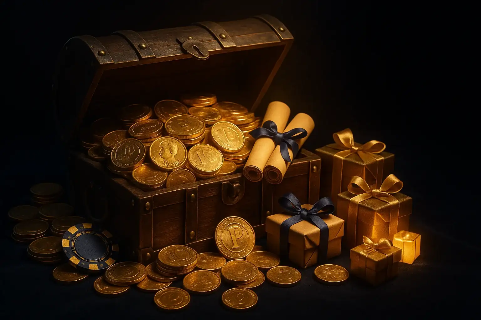 Overflowing treasure chest with gold coins, casino chips, vouchers, and gift boxes