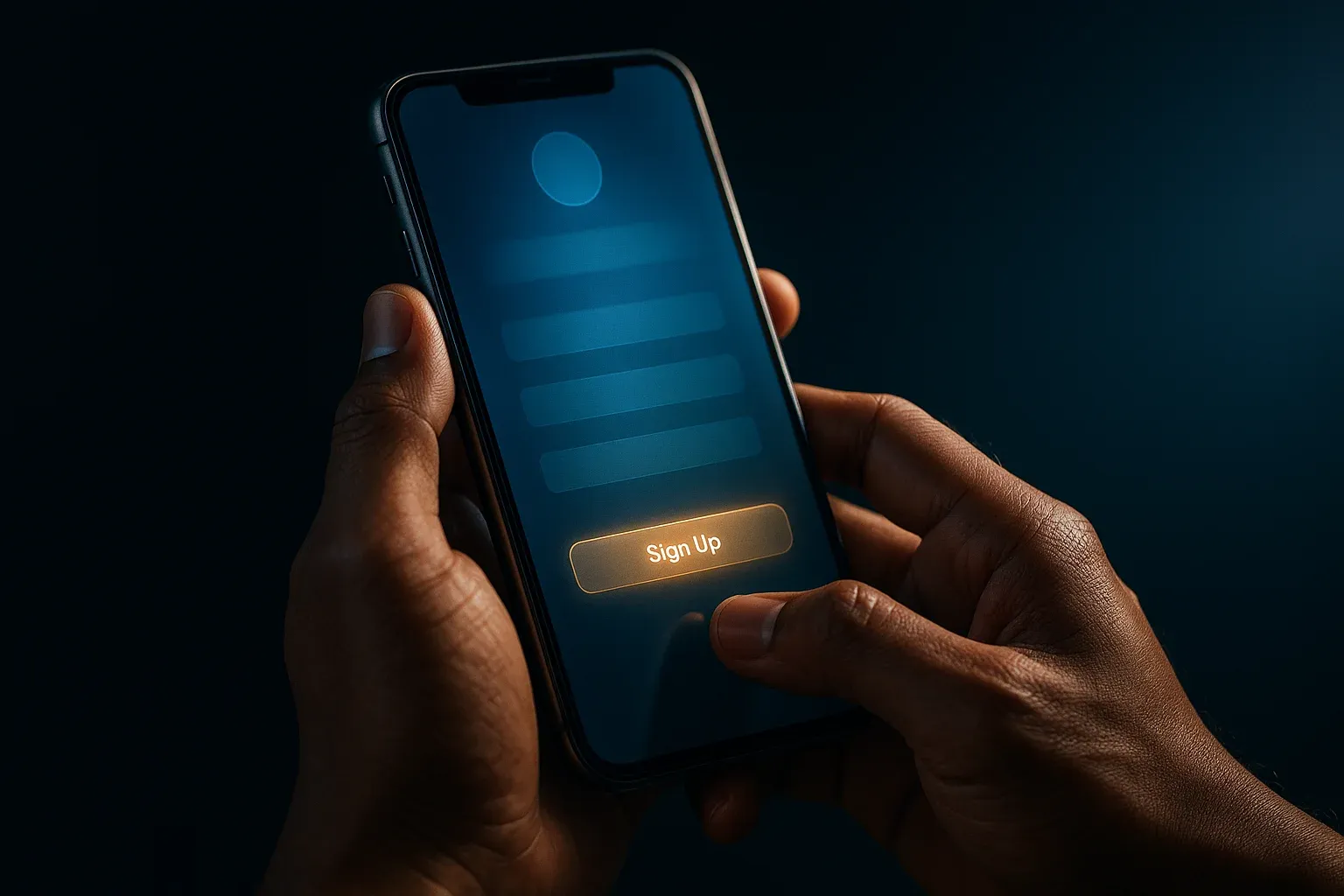 Filipino man hands holding smartphone with blurred registration screen, blue gold glow