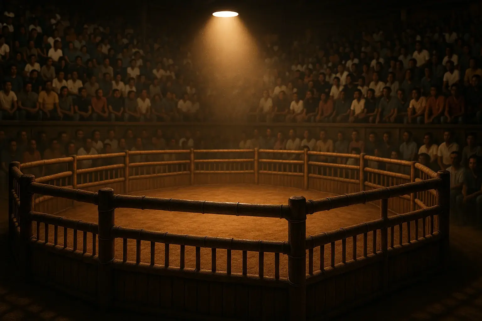 Cinematic wide shot of Philippine sabong cockpit with empty sand pit spotlight