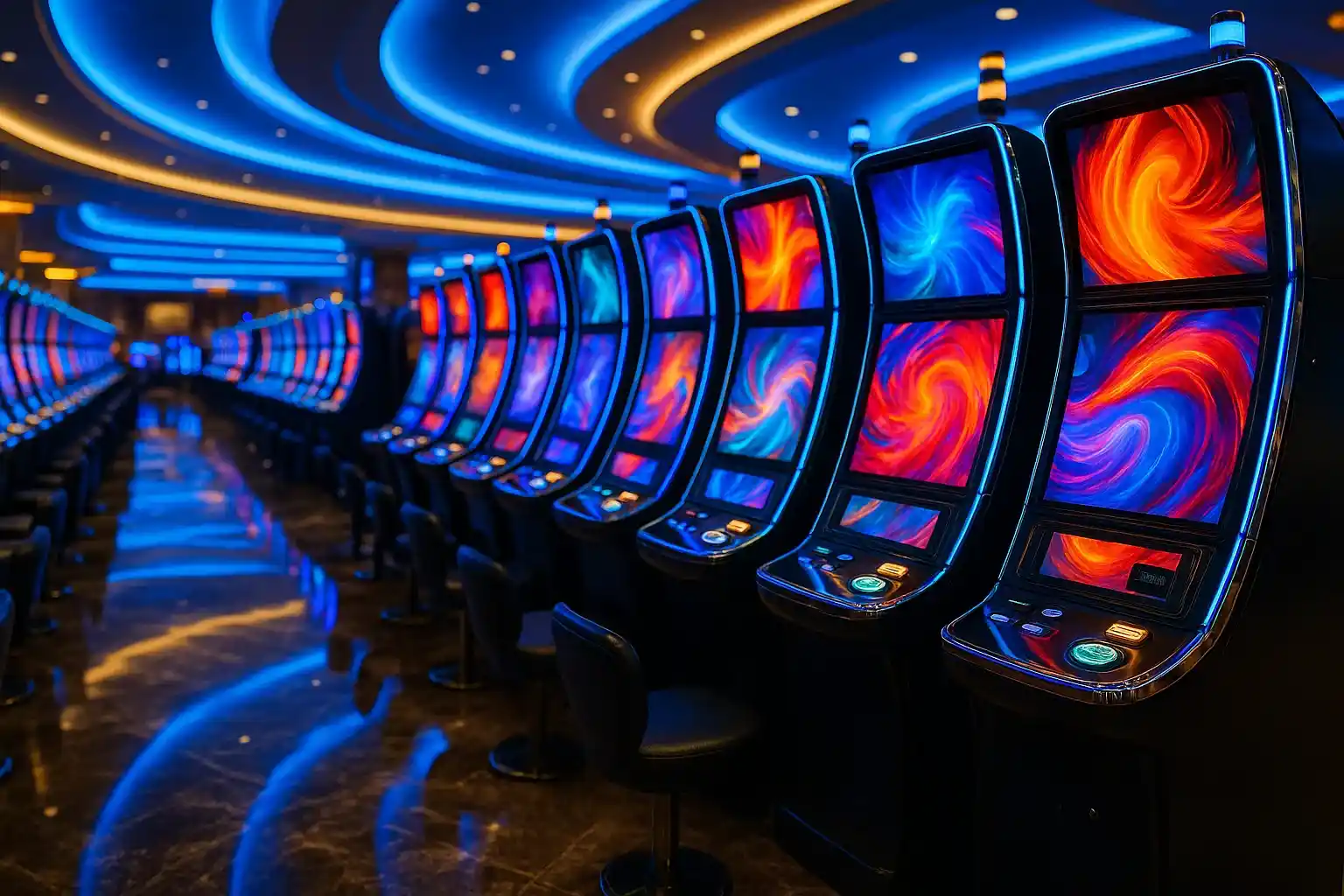 Hyperrealistic wide shot of Manila casino slots floor with blue gold lighting