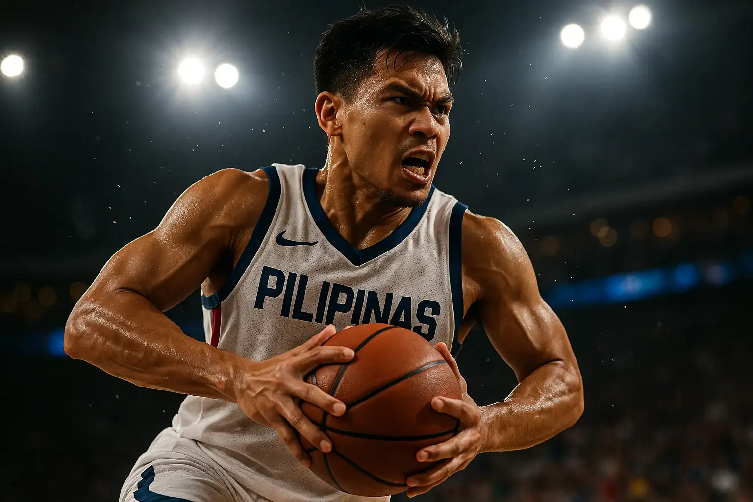 Filipino PBA basketball player mid-air driving to basket, dramatic lights